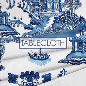 Blue and white chinoiserie tablecloths Willow print, ginger jars, pagoda