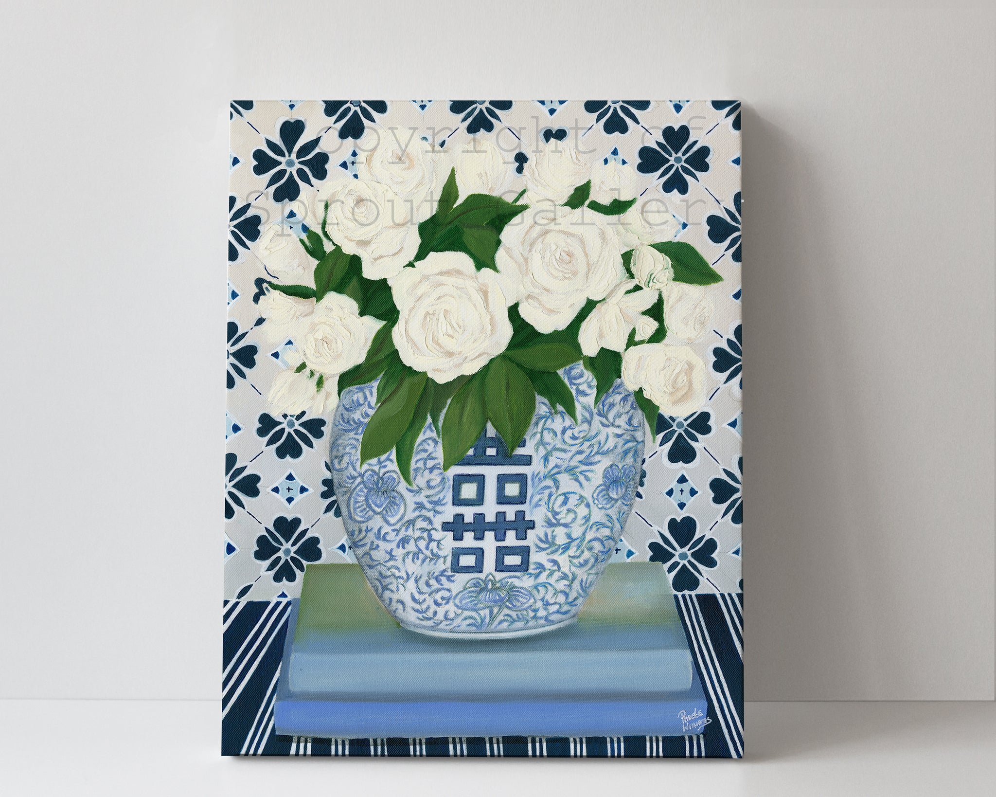 Roses in Double Happiness Jar canvas