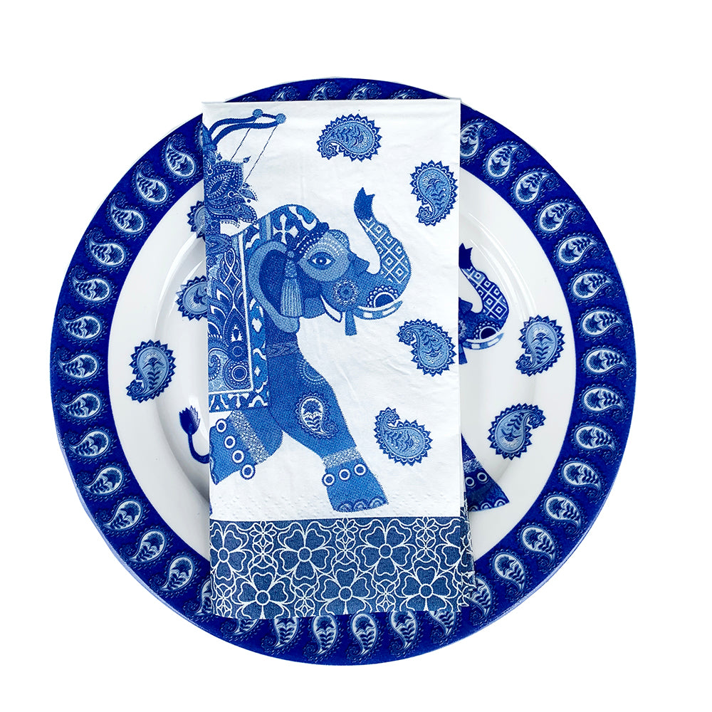 Paper napkins in blue and white elephant design
