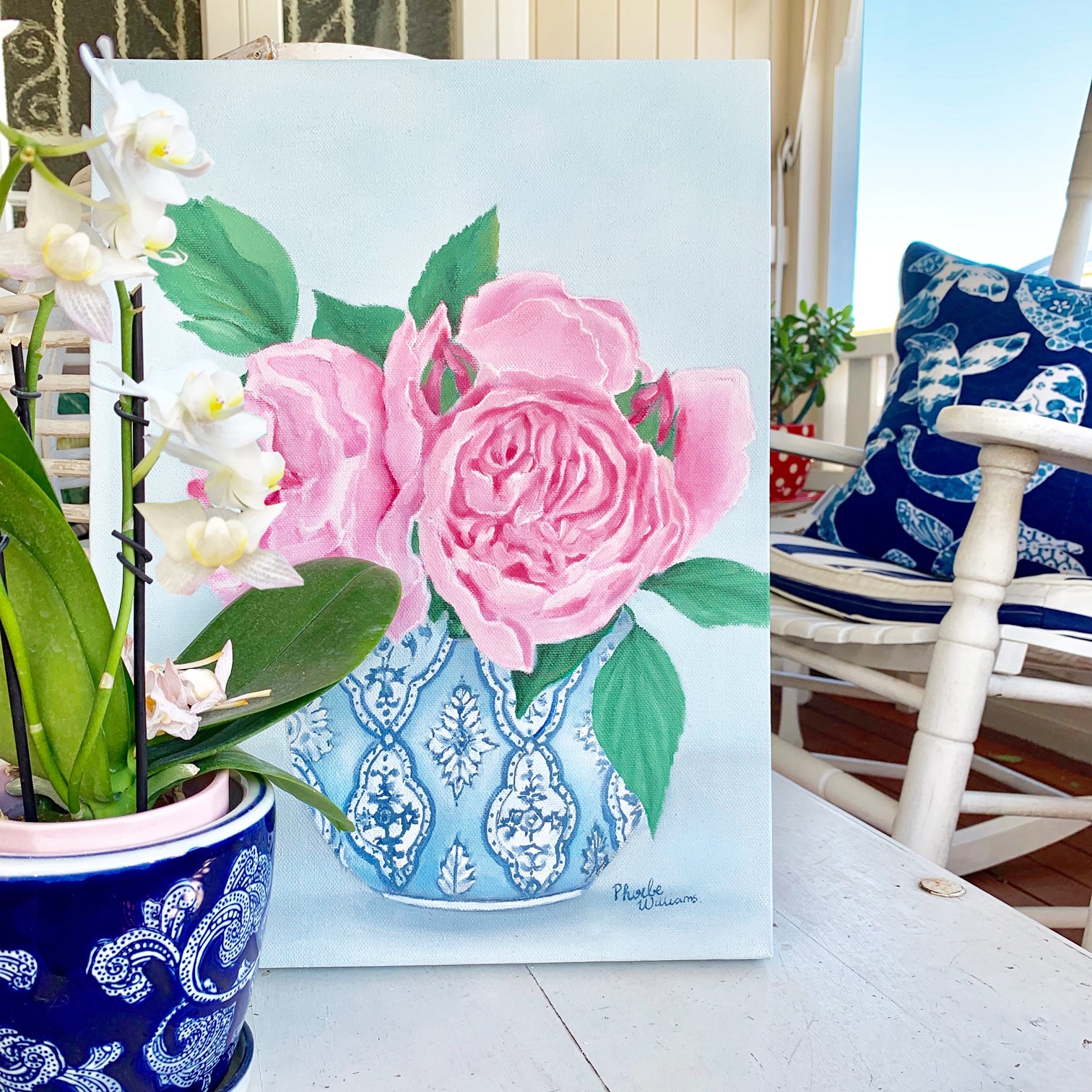 Original Oil painting peonies in blue and white vase