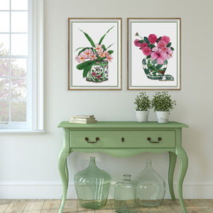 Original watercolour painting of pink frangipani flowers in a antique green a pink ornate Chinese mint green caddy