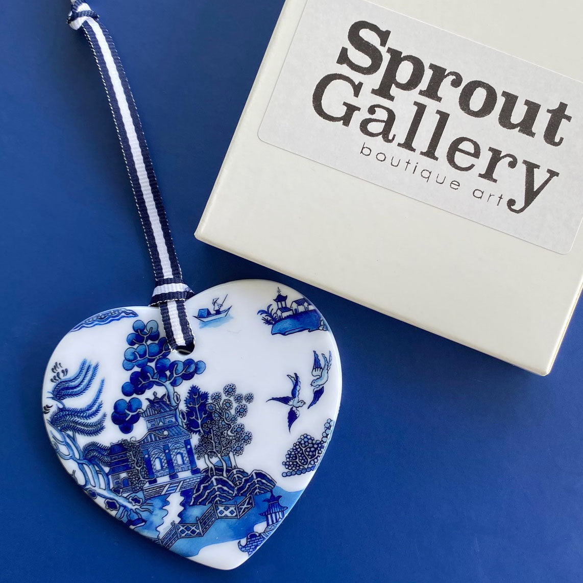 Blue and white ceramic ornament -  Willow Heart design