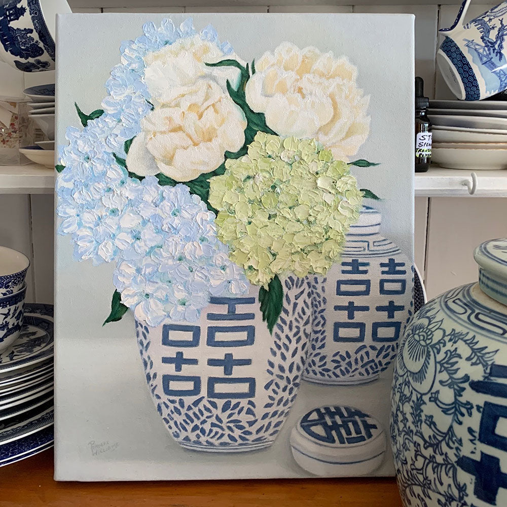 Original Oil painting of blue and white Double Happiness vignette