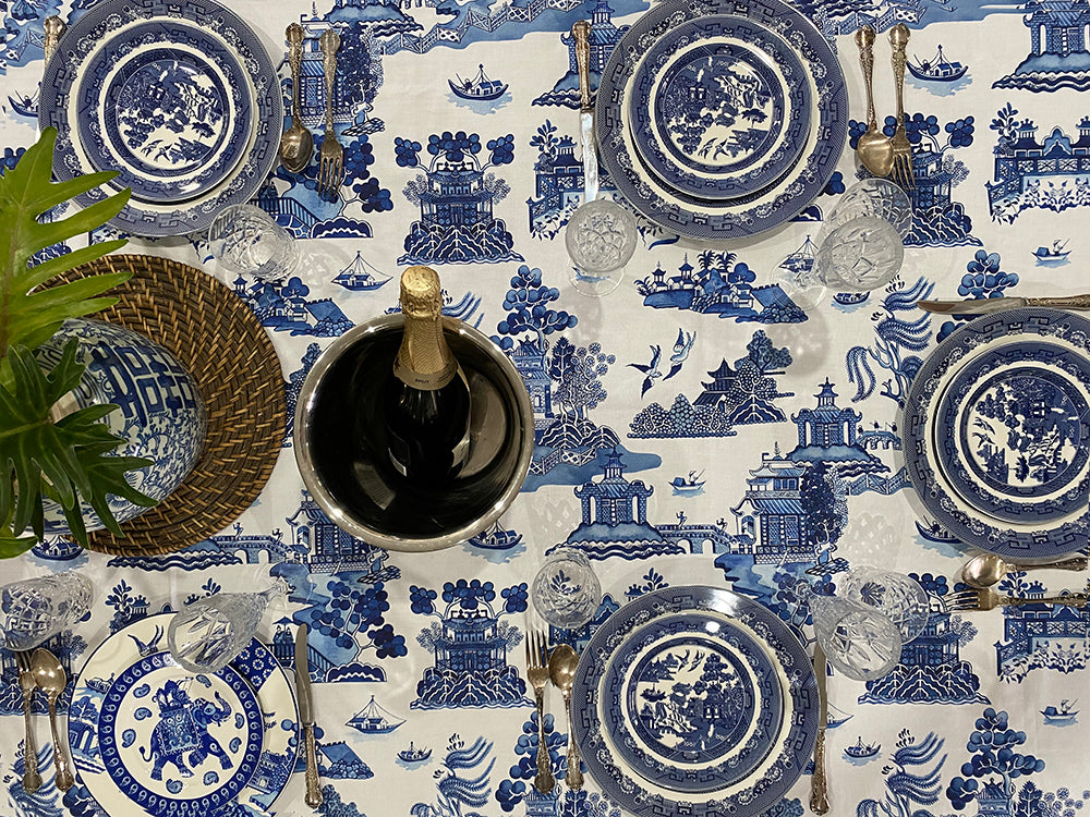 Blue and white Willow pattern tablecloth