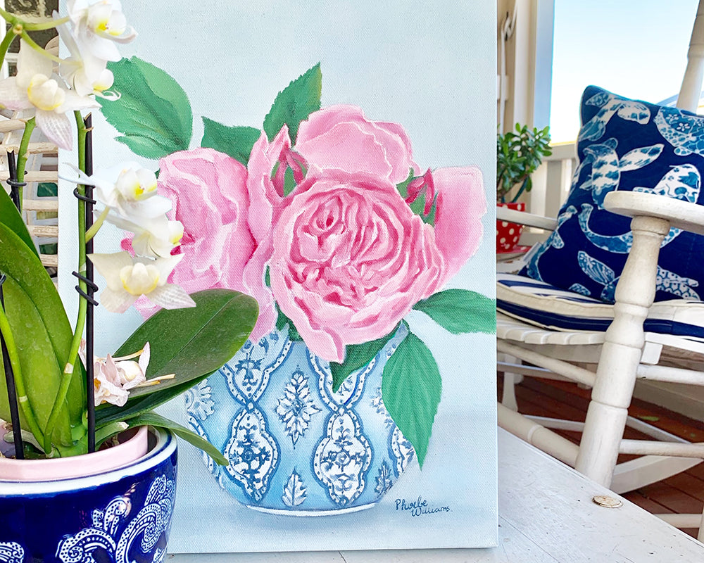 Original Oil painting peonies in blue and white vase