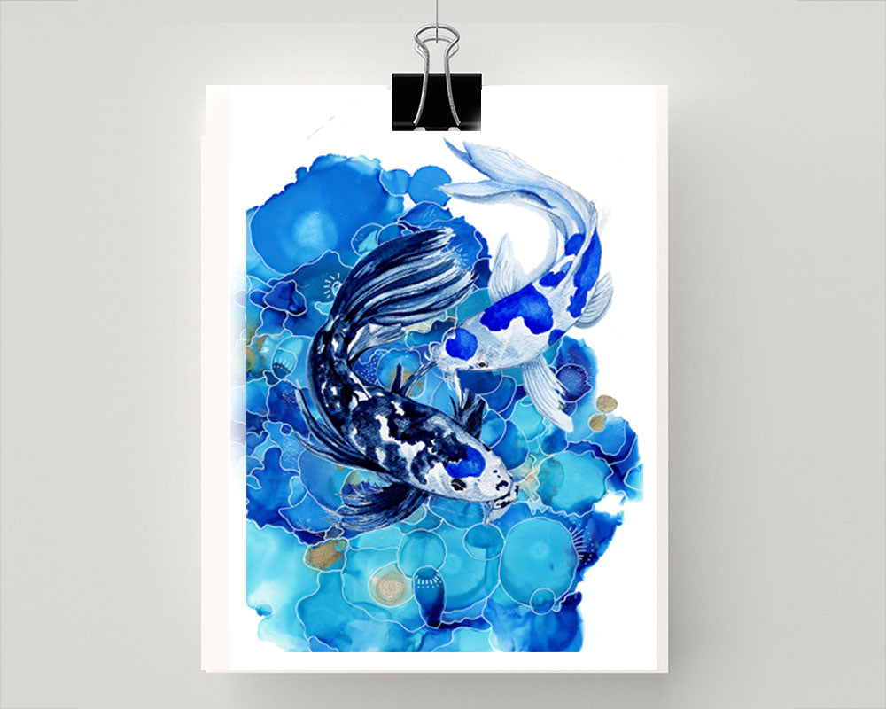 Print of a Blue and white Koi Fish