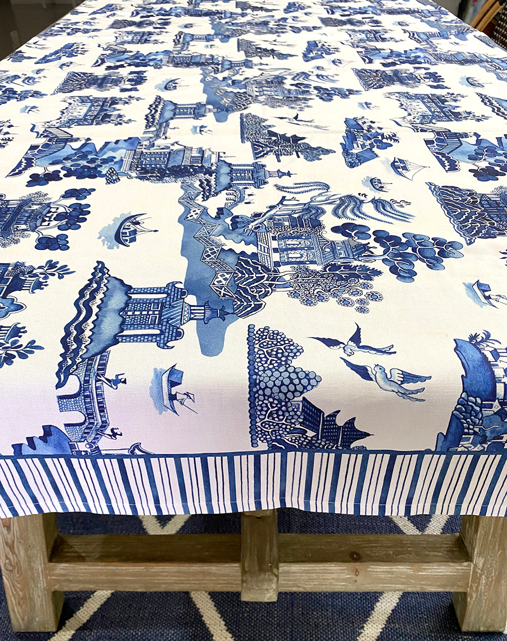 Blue and white Willow pattern tablecloth