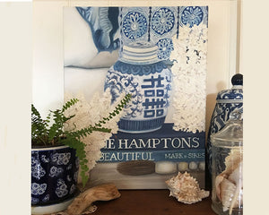 Original Oil painting blue and white beach vignette with coral