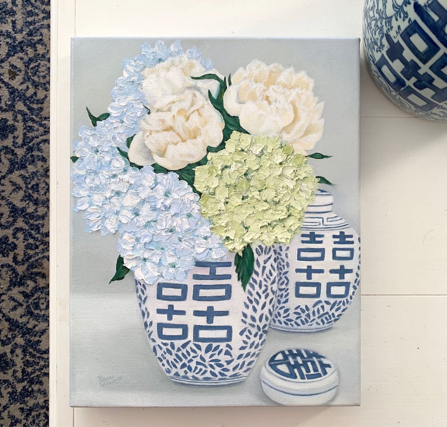 Original Oil painting of blue and white Double Happiness vignette