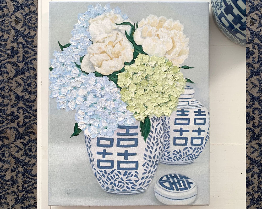 Original Oil painting of blue and white Double Happiness vignette