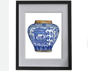 Print of blue and white fat china vase with cute little china men