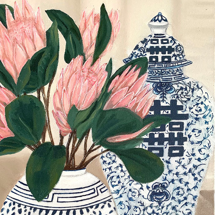 Proteas in Double Happiness Jar with ming