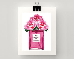 Print of Chanel No 5 perfume with roses