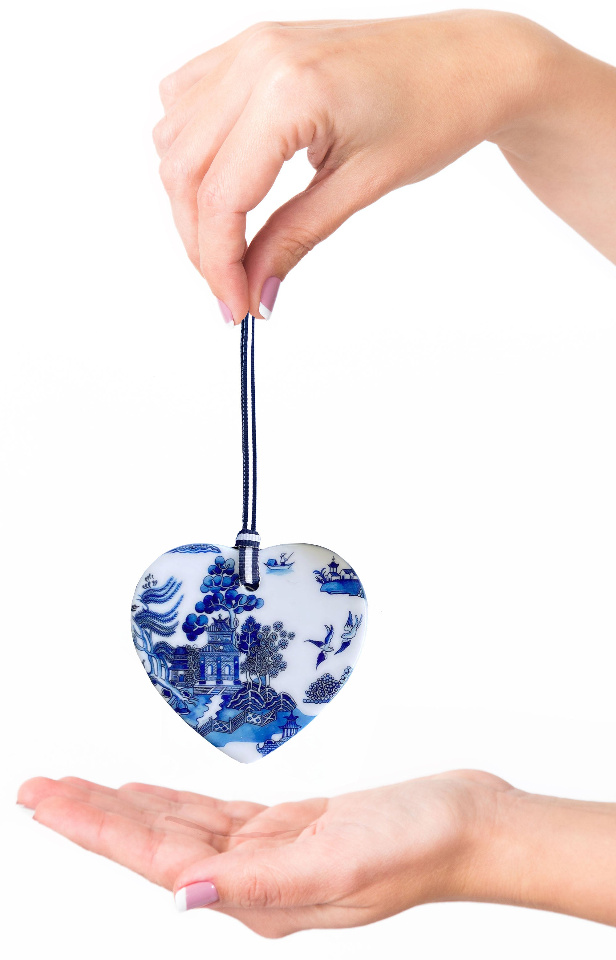 Blue and white ceramic ornament -  Willow Heart design