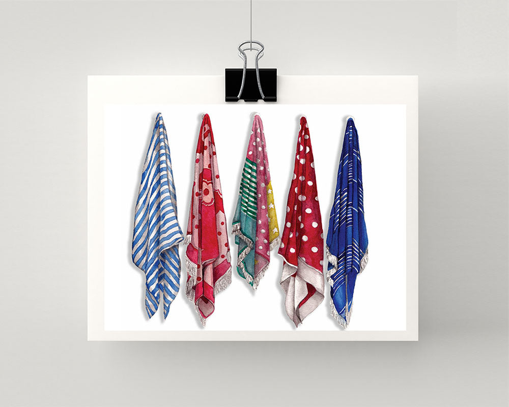 Print of beach towels hanging
