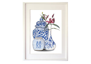 Print of three blue and white chinoiserie ginger jars