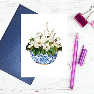 A blue and white bowl of magnolias card