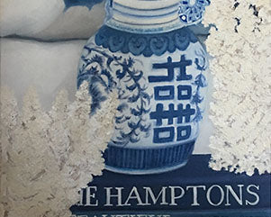 Original Oil painting blue and white beach vignette with coral