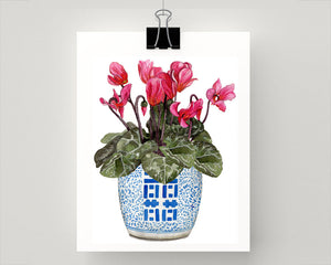 Print of cyclamens in double happiness jar