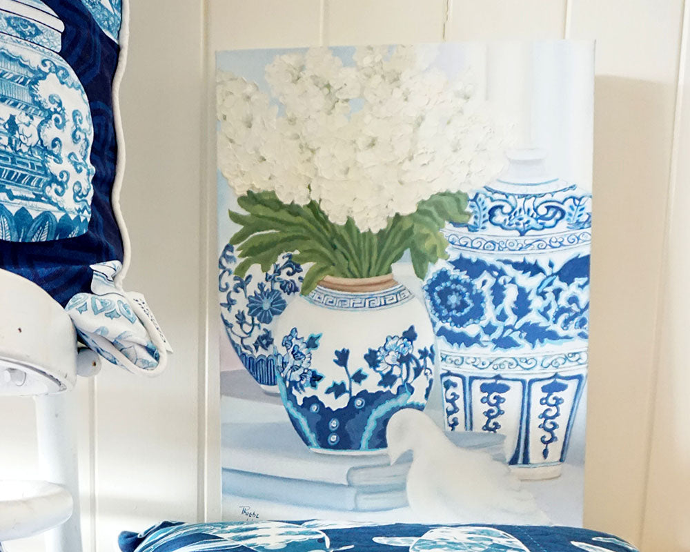 Original Oil painting blue and white vignette with Dove