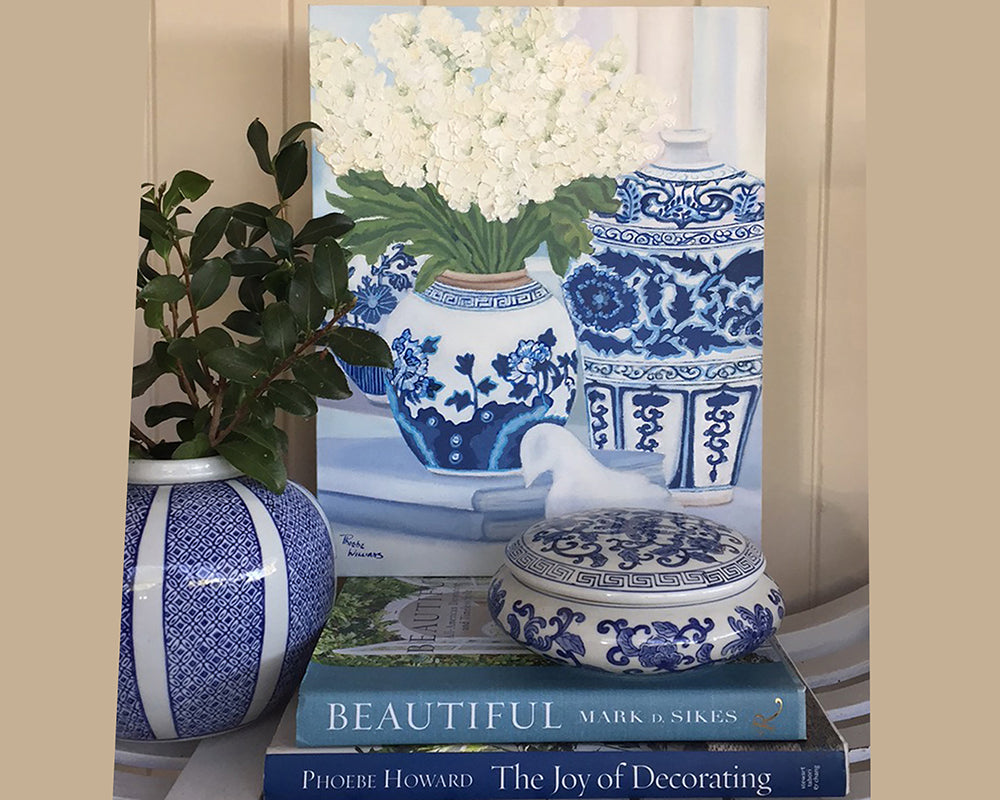 Original Oil painting blue and white vignette with Dove