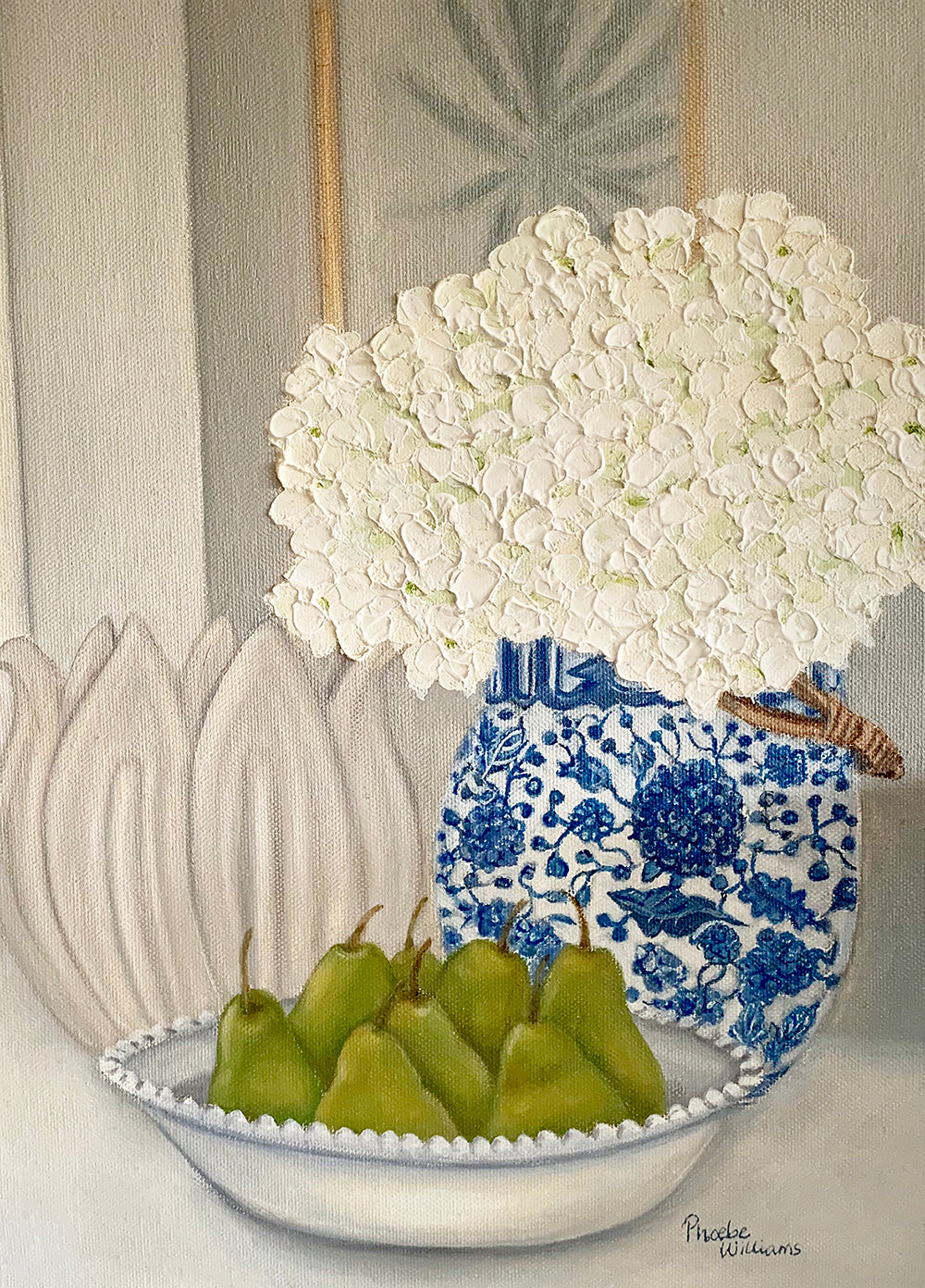 Original Oil painting. Still life pears with hydrangeas in blue and white vase