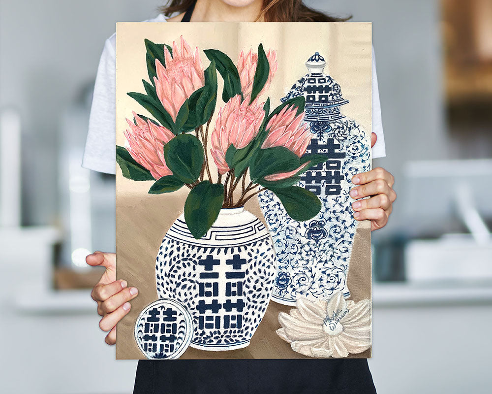 Proteas in Double Happiness Jar with ming