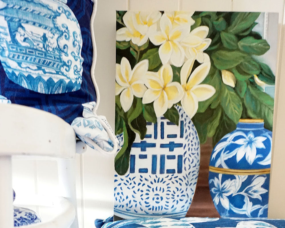 Original Oil painting of frangapanis in double happiness jar