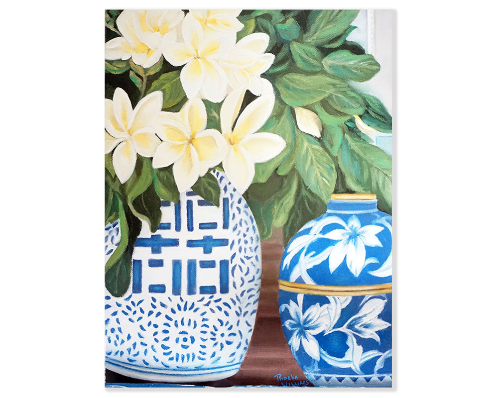 Original Oil painting of frangapanis in double happiness jar