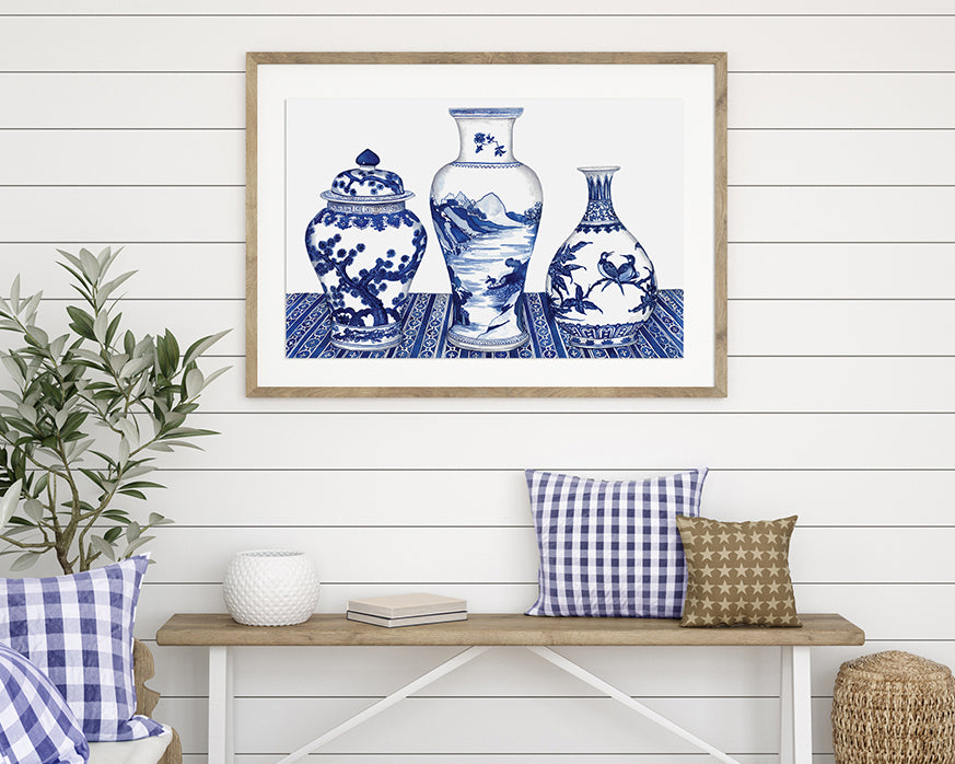 Original Watercolour Painting of Blue and White ornate vases & Mings