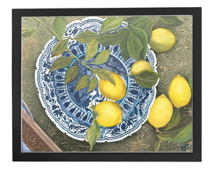 Limited edition print of lemons on a blue and white plate