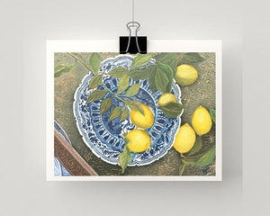 Limited edition print of lemons on a blue and white plate