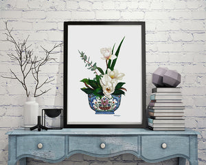 Original Watercolour Painting of orchids in a light blue antique bowl