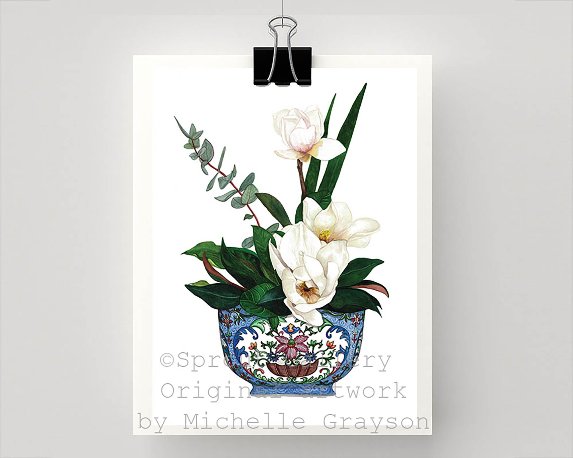 Print of magnolias in blue 'Yangcai' antique floral bowl from the Qianlong period