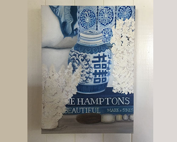 Original Oil painting blue and white beach vignette with coral