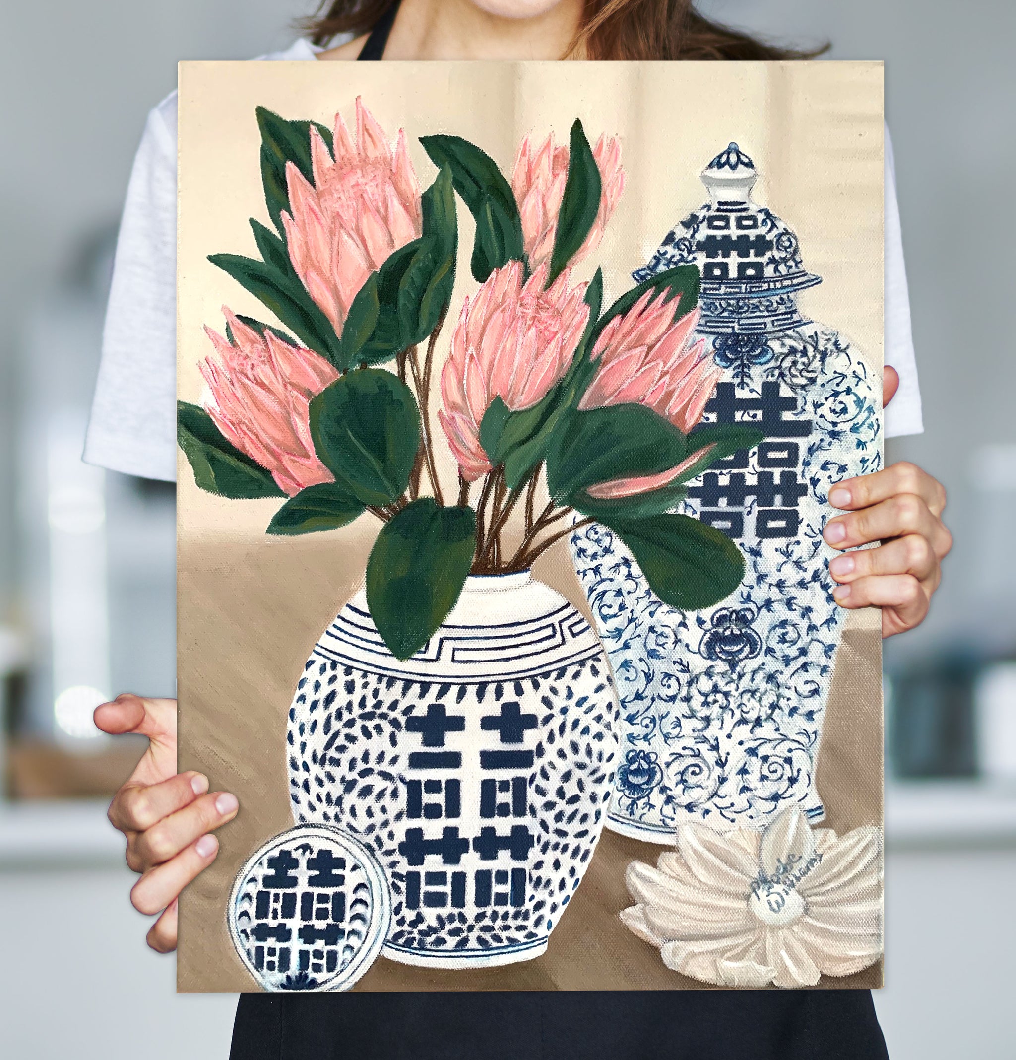 Proteas in Double Happiness Jar with ming