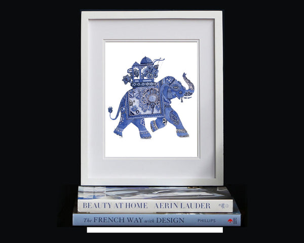 Print of blue and white good luck elephant - Sprout Gallery