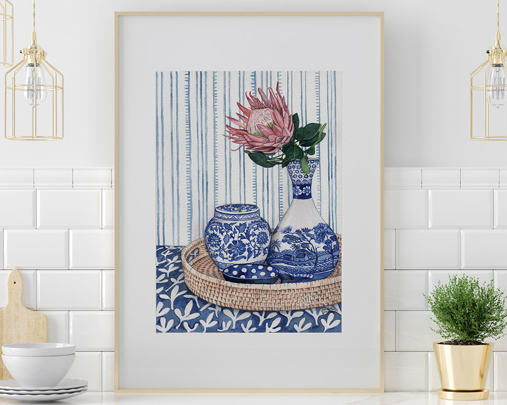 Original Watercolour Painting of a beautiful chinoiserie vignette in rattan tray.