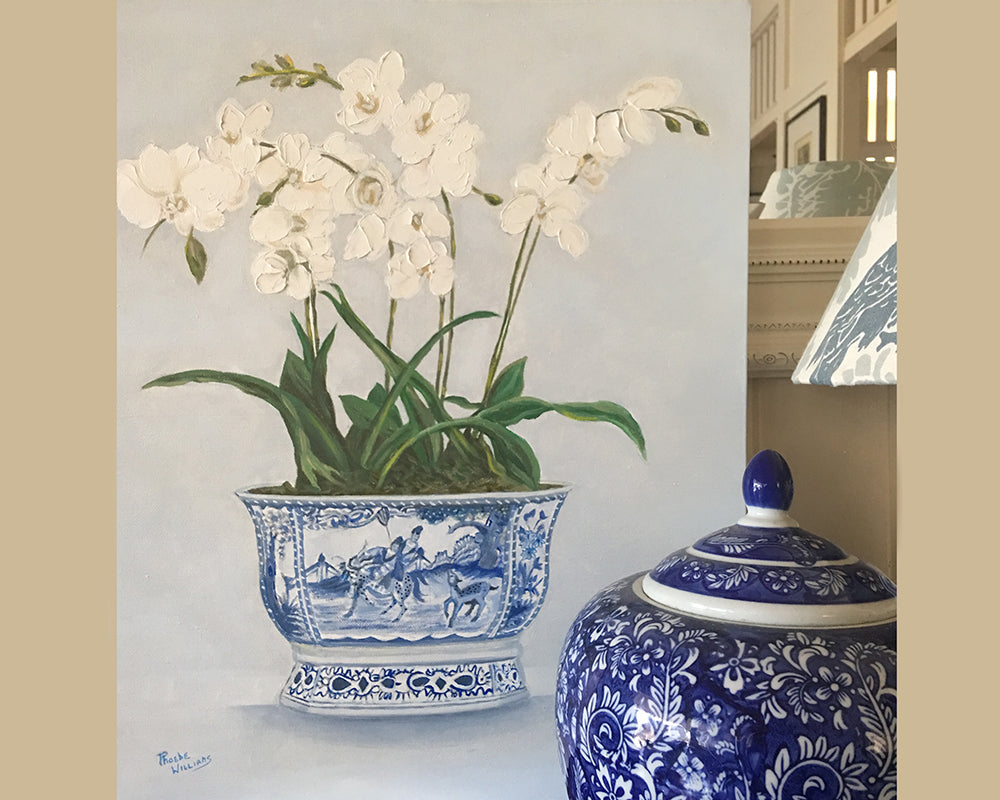 Original Oil painting of Orchids in traditional blue and white pot