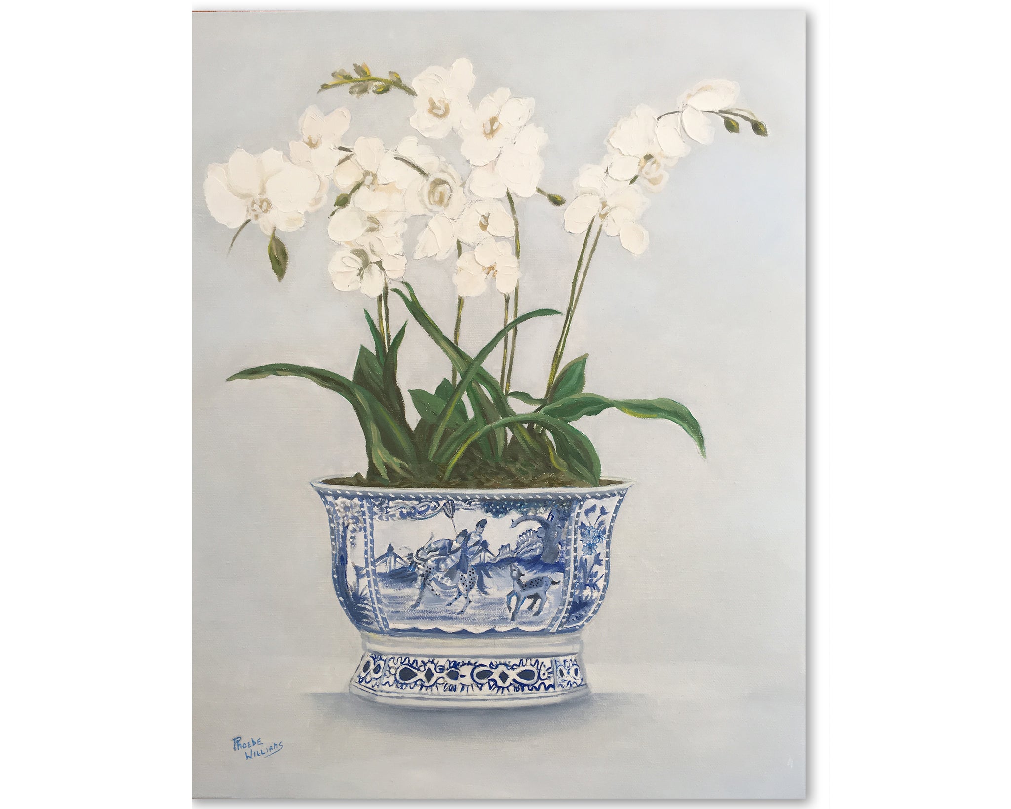 Original Oil painting of Orchids in traditional blue and white pot