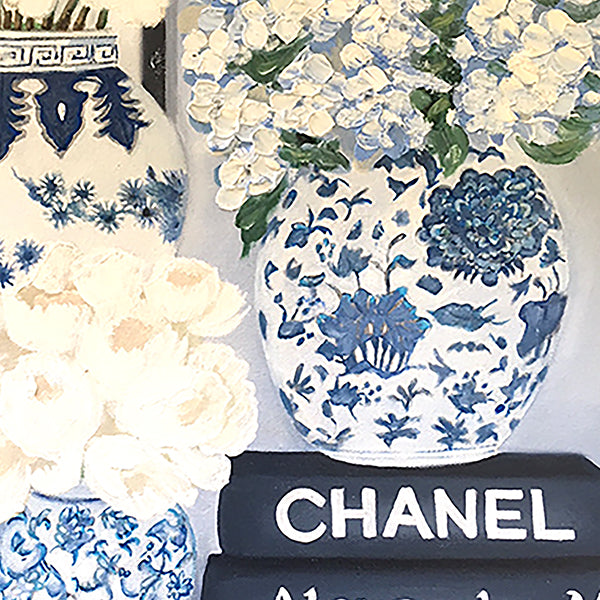 Original Oil painting blue and white Mings with books