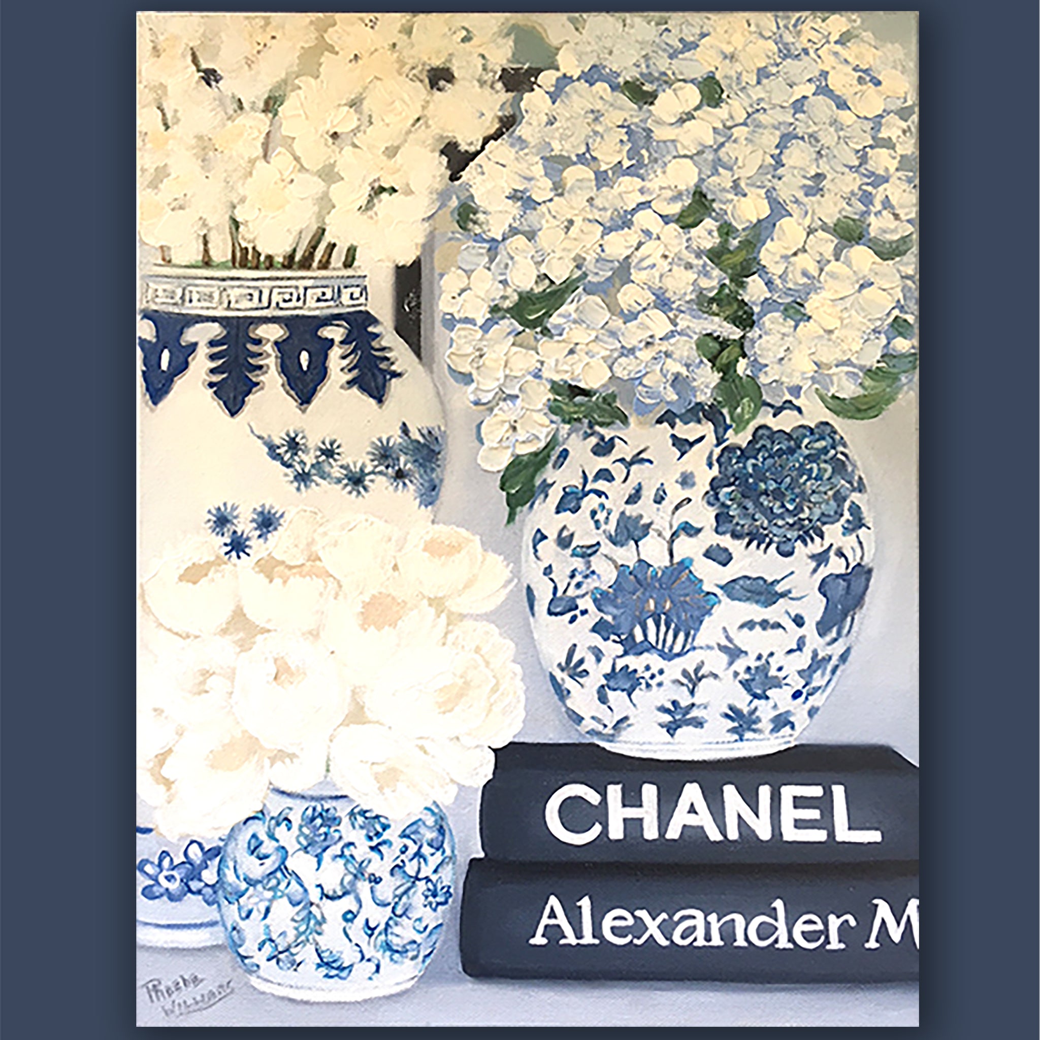 Original Oil painting blue and white Mings with books