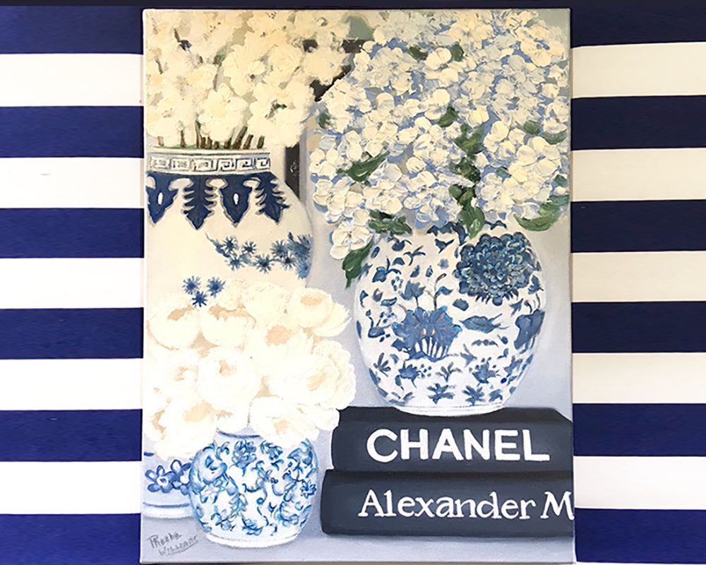 Original Oil painting blue and white Mings with books