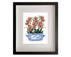 Blue and white chinoiserie planter with peach orchids