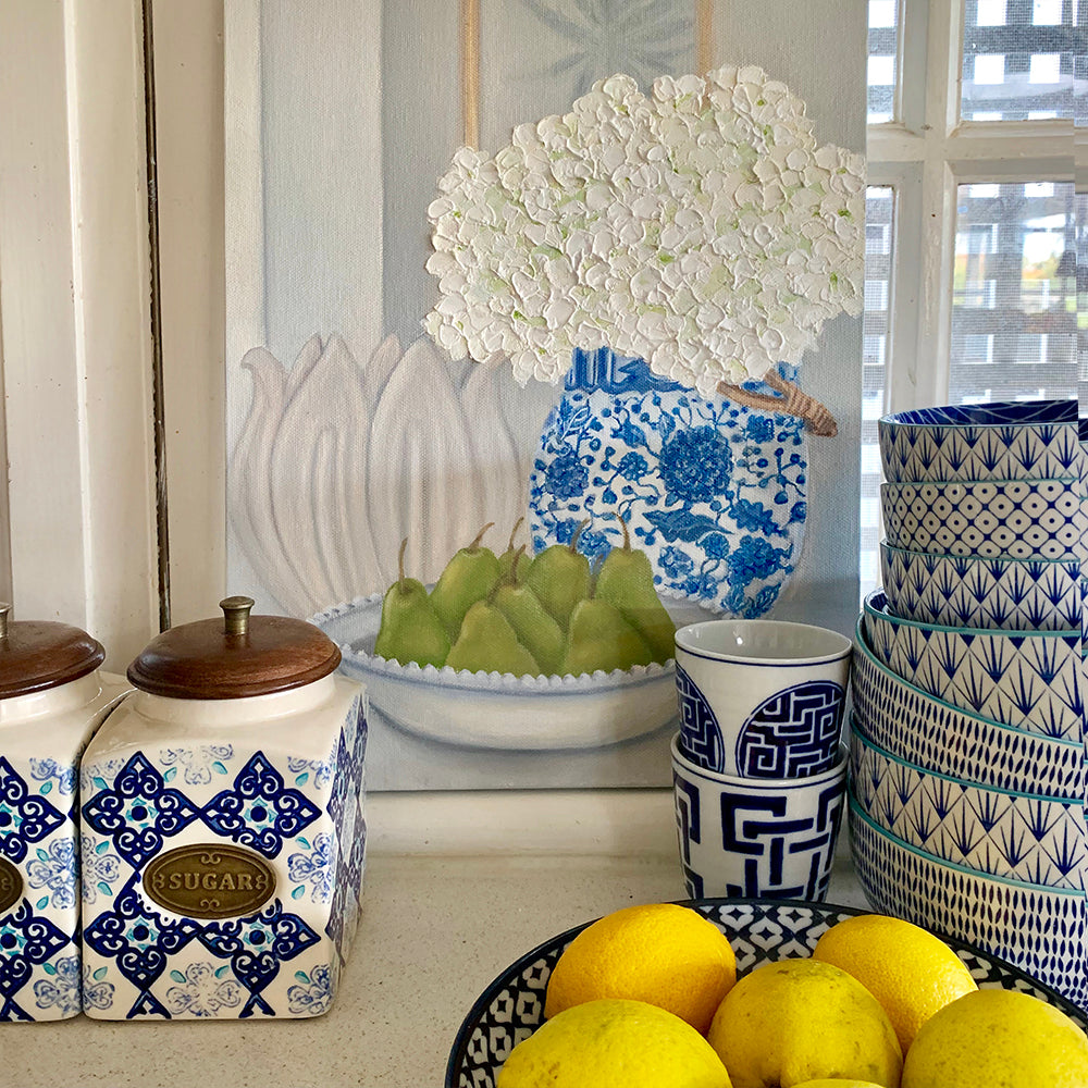 Original Oil painting. Still life pears with hydrangeas in blue and white vase