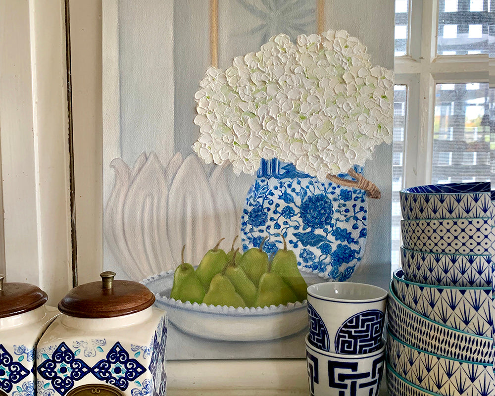 Original Oil painting. Still life pears with hydrangeas in blue and white vase