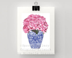 Print of pink peonies in blue and white ming jar.