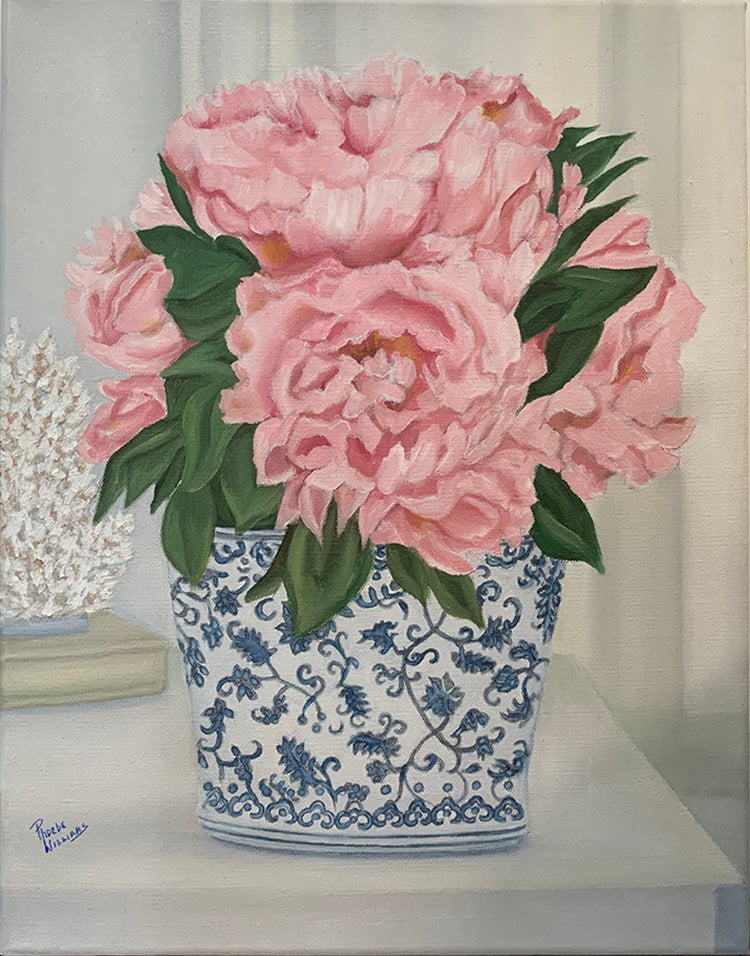 Original Oil painting. Bouquet of  pink peonies in blue and white vase.