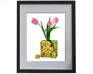 Print of yellow chinese tea caddy with pink tulips