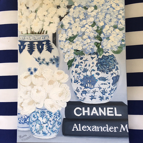 Original Oil painting blue and white Mings with books